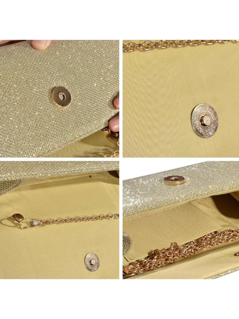 Women's Gold Glitter Clutch Purse Evening Bag With Chain For Wedding Handbag